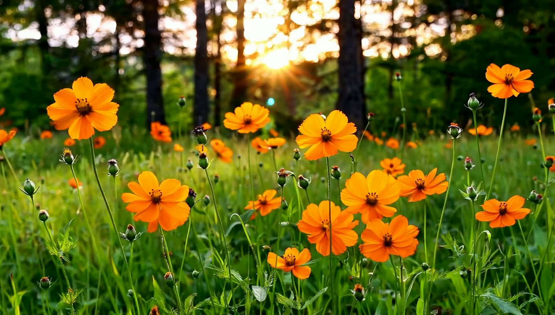 Bright orange wildflowers in a sunlit green meadow